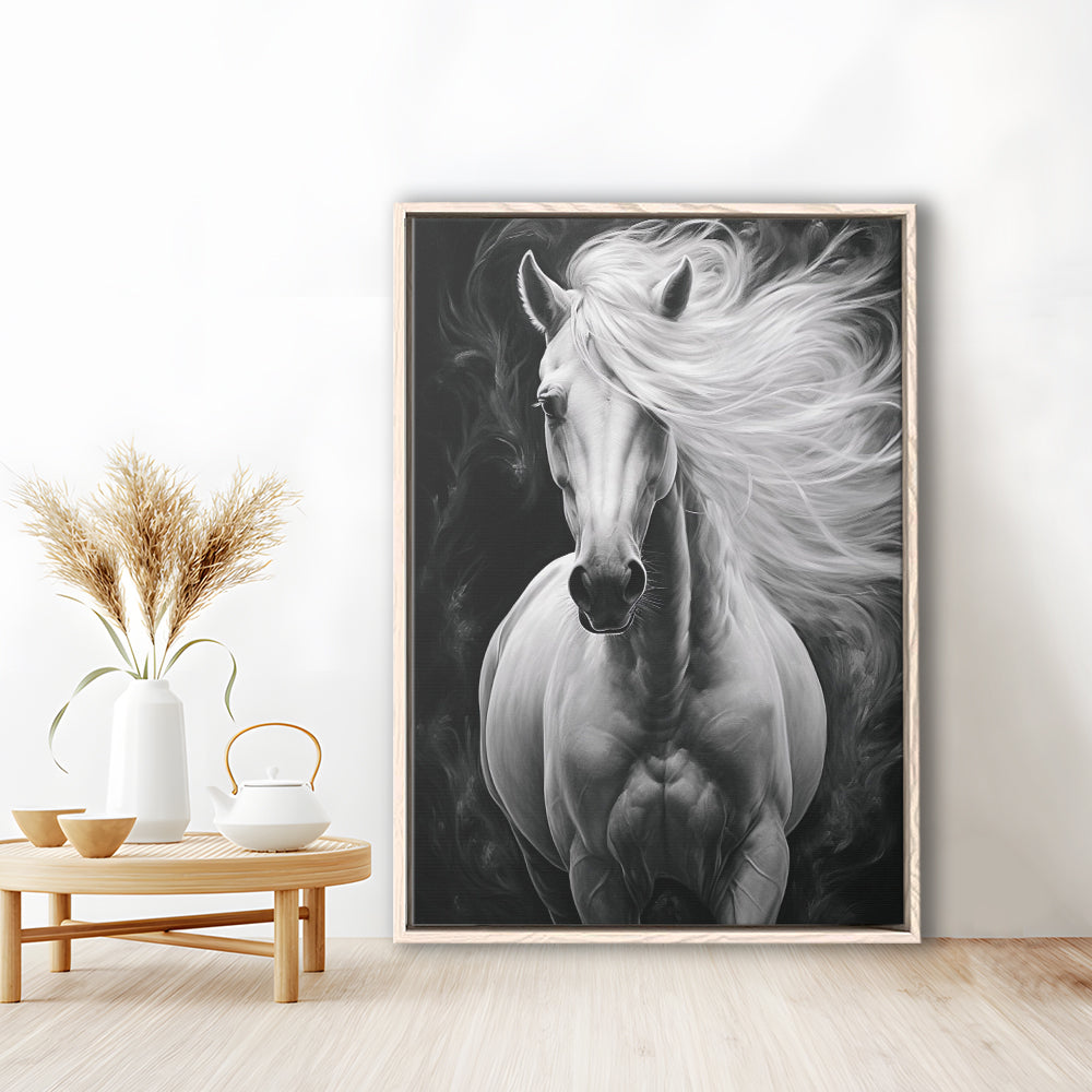 Beautiful White Horse Portrait,Horse,Oil On Canvas Painting Print, Framed Canvas Print Wall Art, Floating Frame