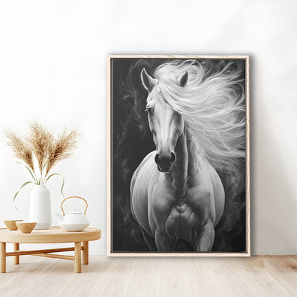 Beautiful White Horse Portrait,Horse,Oil On Canvas Painting Print, Framed Canvas Print Wall Art, Floating Frame