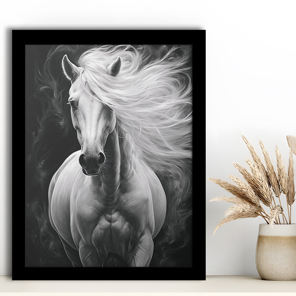 Beautiful White Horse Portrait,Horse,Oil On Canvas Painting Print, Framed Art Print Wall Decor, Picture Framed