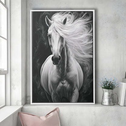 Beautiful White Horse Portrait,Horse,Oil On Canvas Painting Print, Framed Canvas Print Wall Art, Floating Frame