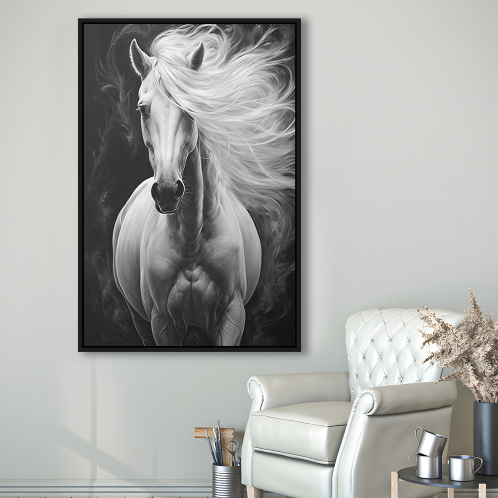 Beautiful White Horse Portrait,Horse,Oil On Canvas Painting Print, Framed Canvas Print Wall Art, Floating Frame