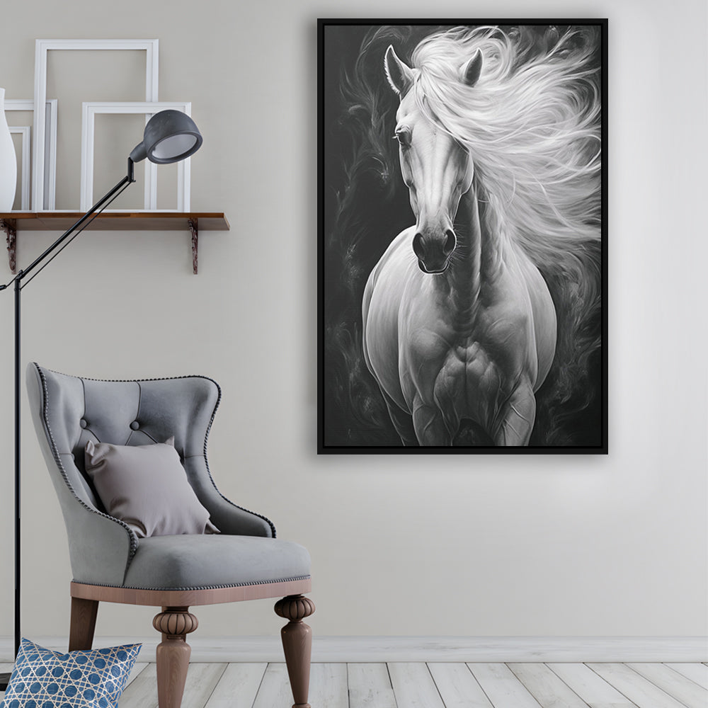 Beautiful White Horse Portrait,Horse,Oil On Canvas Painting Print, Framed Canvas Print Wall Art, Floating Frame