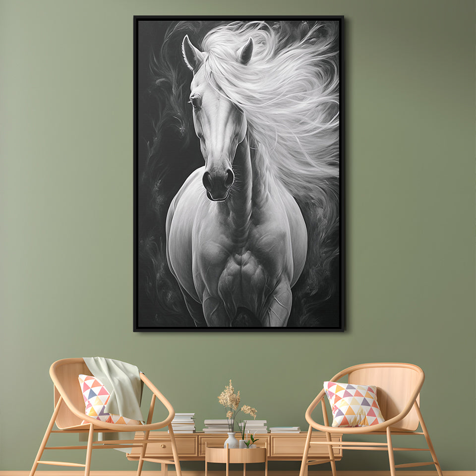 Beautiful White Horse Portrait,Horse,Oil On Canvas Painting Print, Framed Canvas Print Wall Art, Floating Frame