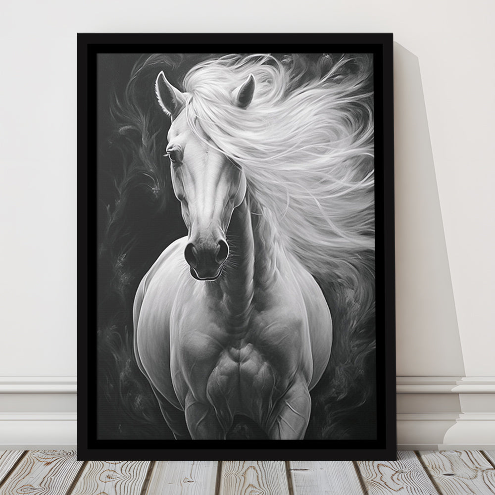 Beautiful White Horse Portrait,Horse,Oil On Canvas Painting Print, Framed Canvas Print Wall Art, Floating Frame