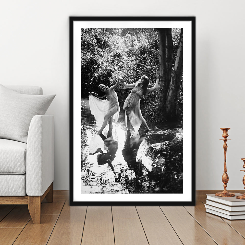 Beautiful Women Dancing in Forest Black and White Art Bedroom Wall Art, Framed Art Print White Border Wall Decor