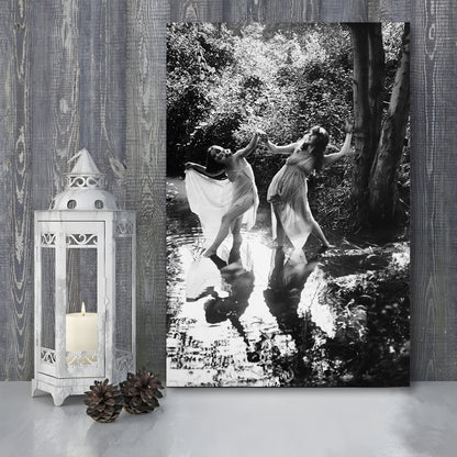 Beautiful Women Dancing in Forest Black and White Art Bedroom Wall Art, Canvas Print Wall Art