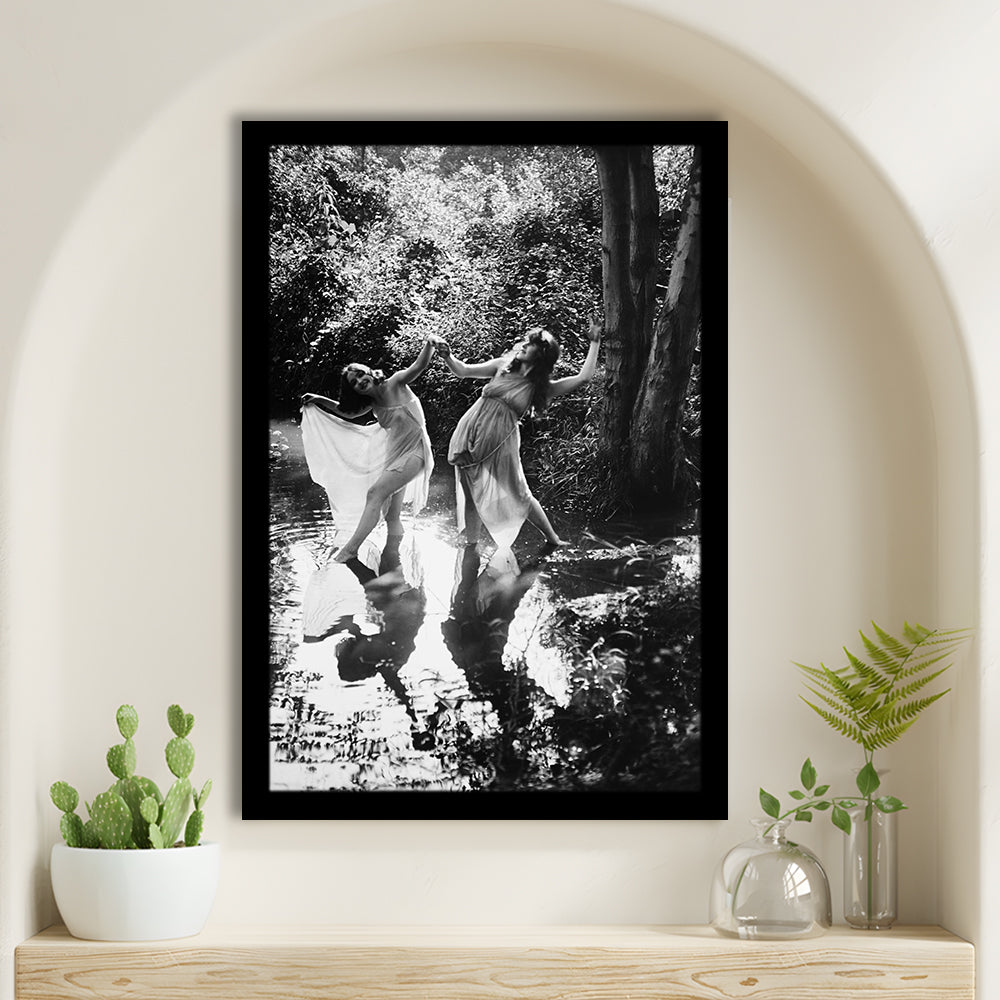 Beautiful Women Dancing in Forest Black and White Art Bedroom Wall Art, Framed Art Print Wall Decor