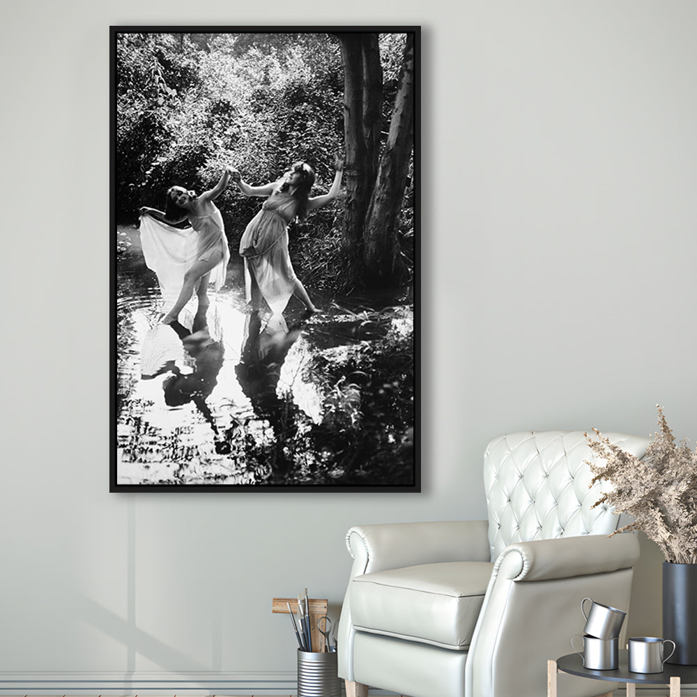 Beautiful Women Dancing in Forest Black and White Art Bedroom Wall Art, Floating Framed Canvas Print