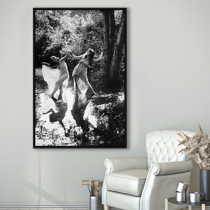 Beautiful Women Dancing in Forest Black and White Art Bedroom Wall Art, Floating Framed Canvas Print