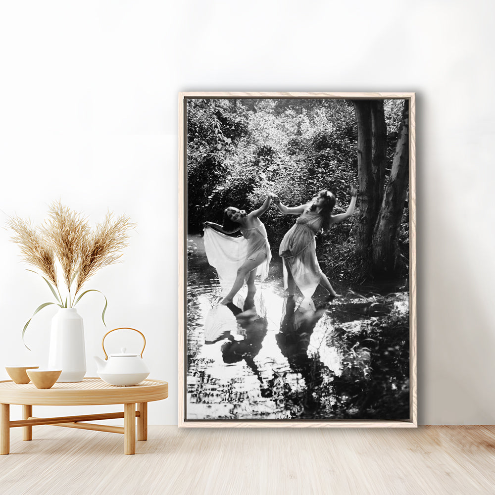 Beautiful Women Dancing in Forest Black and White Art Bedroom Wall Art, Floating Framed Canvas Print