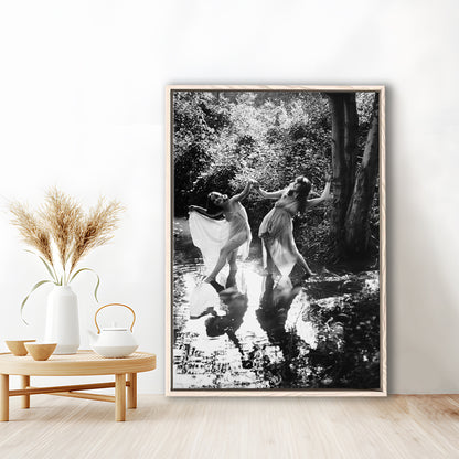 Beautiful Women Dancing in Forest Black and White Art Bedroom Wall Art, Floating Framed Canvas Print