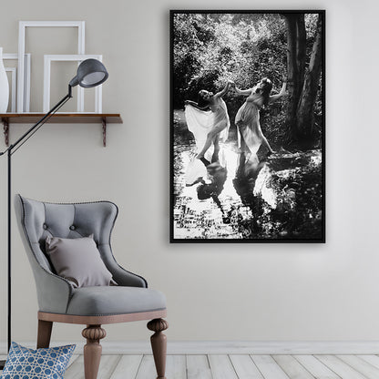 Beautiful Women Dancing in Forest Black and White Art Bedroom Wall Art, Floating Framed Canvas Print