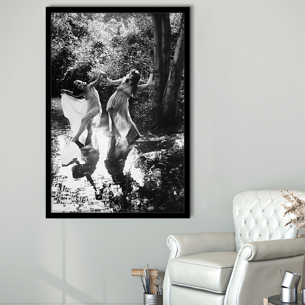 Beautiful Women Dancing in Forest Black and White Art Bedroom Wall Art, Framed Art Print Wall Decor