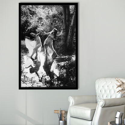 Beautiful Women Dancing in Forest Black and White Art Bedroom Wall Art, Framed Art Print Wall Decor