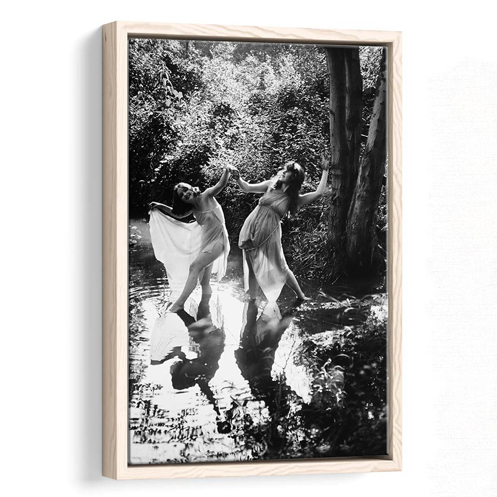 Beautiful Women Dancing in Forest Black and White Art Bedroom Wall Art, Floating Framed Canvas Print