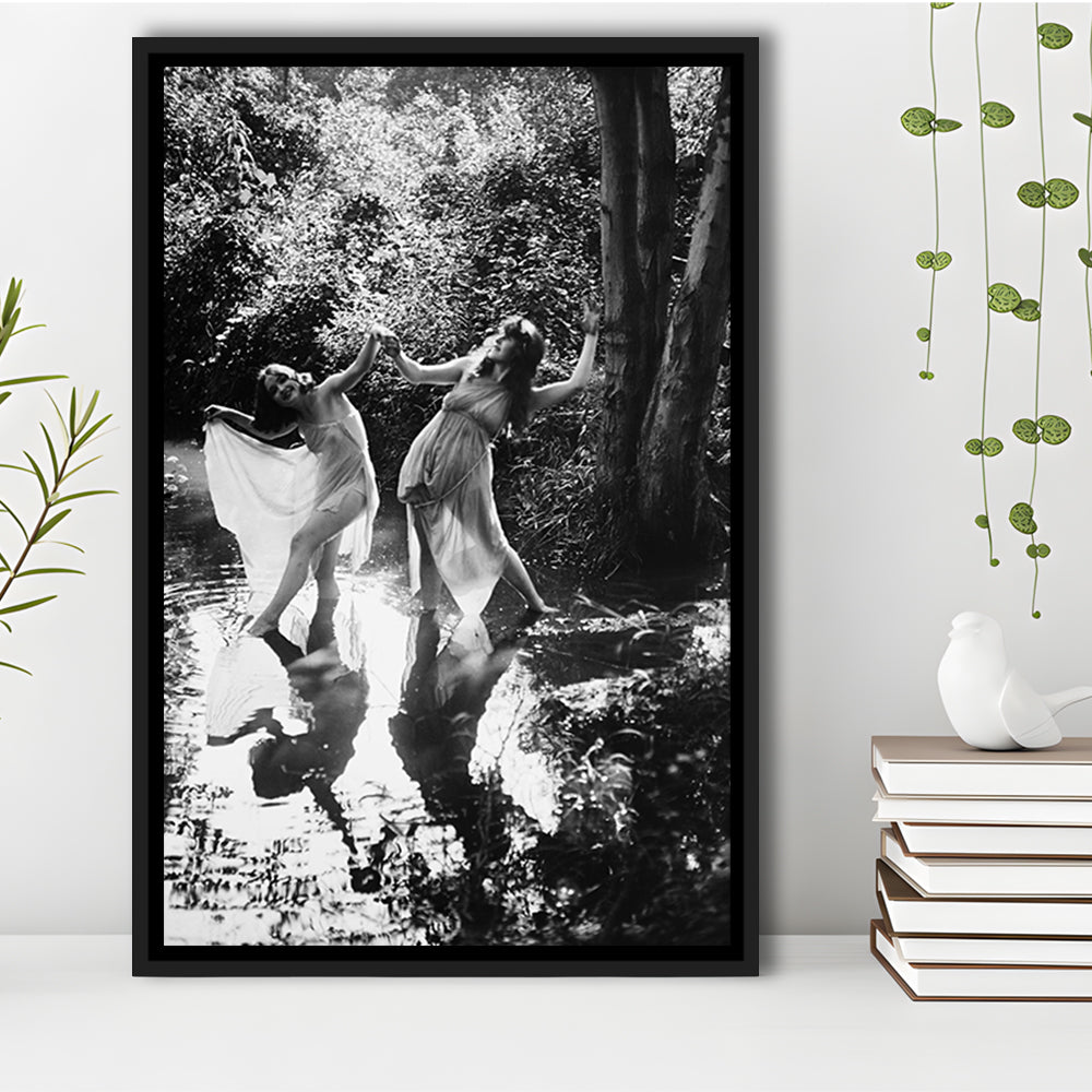 Beautiful Women Dancing in Forest Black and White Art Bedroom Wall Art, Floating Framed Canvas Print