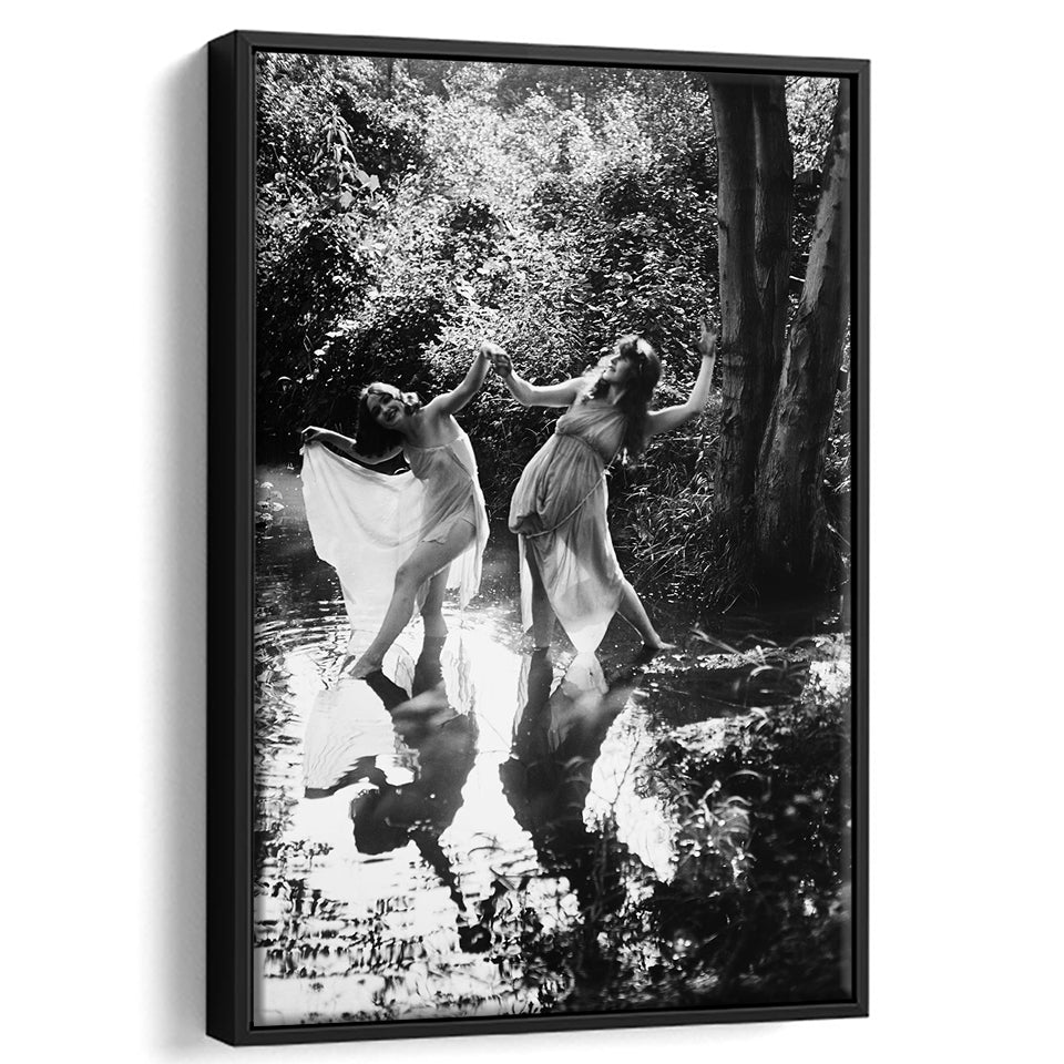 Beautiful Women Dancing in Forest Black and White Art Bedroom Wall Art, Floating Framed Canvas Print