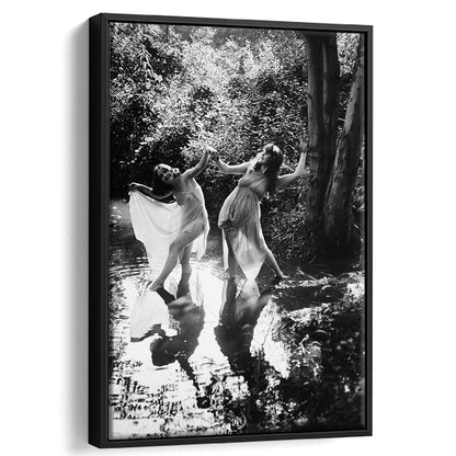 Beautiful Women Dancing in Forest Black and White Art Bedroom Wall Art, Floating Framed Canvas Print
