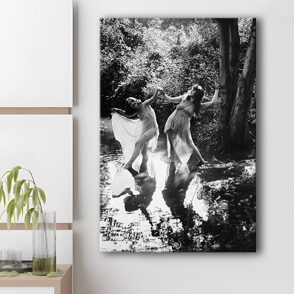 Beautiful Women Dancing in Forest Black and White Art Bedroom Wall Art, Canvas Print Wall Art