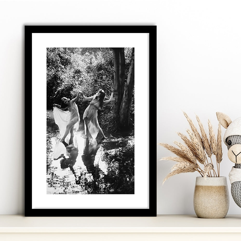 Beautiful Women Dancing in Forest Black and White Art Bedroom Wall Art, Framed Art Print White Border Wall Decor