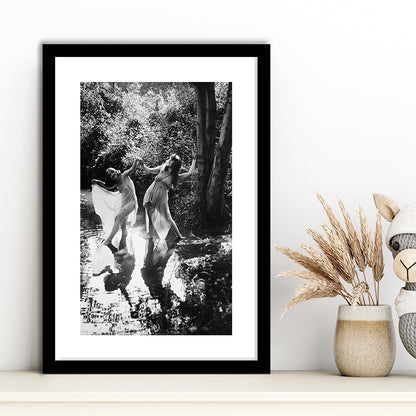 Beautiful Women Dancing in Forest Black and White Art Bedroom Wall Art, Framed Art Print White Border Wall Decor