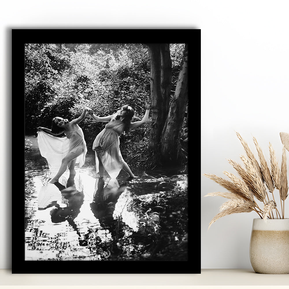 Beautiful Women Dancing in Forest Black and White Art Bedroom Wall Art, Framed Art Print Wall Decor