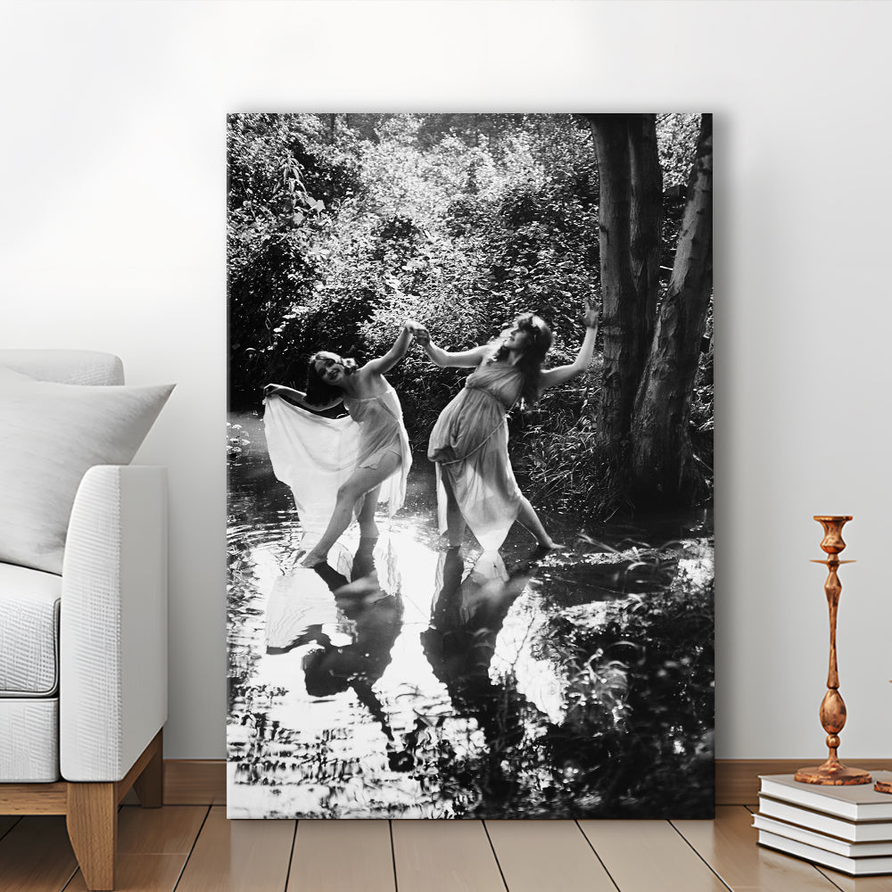 Beautiful Women Dancing in Forest Black and White Art Bedroom Wall Art, Canvas Print Wall Art
