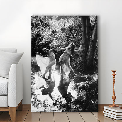 Beautiful Women Dancing in Forest Black and White Art Bedroom Wall Art, Canvas Print Wall Art