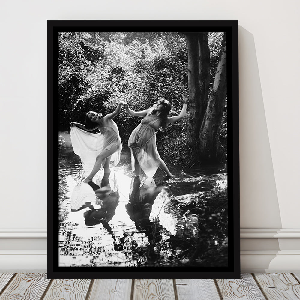 Beautiful Women Dancing in Forest Black and White Art Bedroom Wall Art, Floating Framed Canvas Print