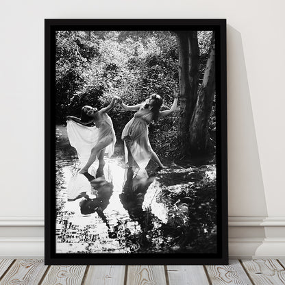 Beautiful Women Dancing in Forest Black and White Art Bedroom Wall Art, Floating Framed Canvas Print