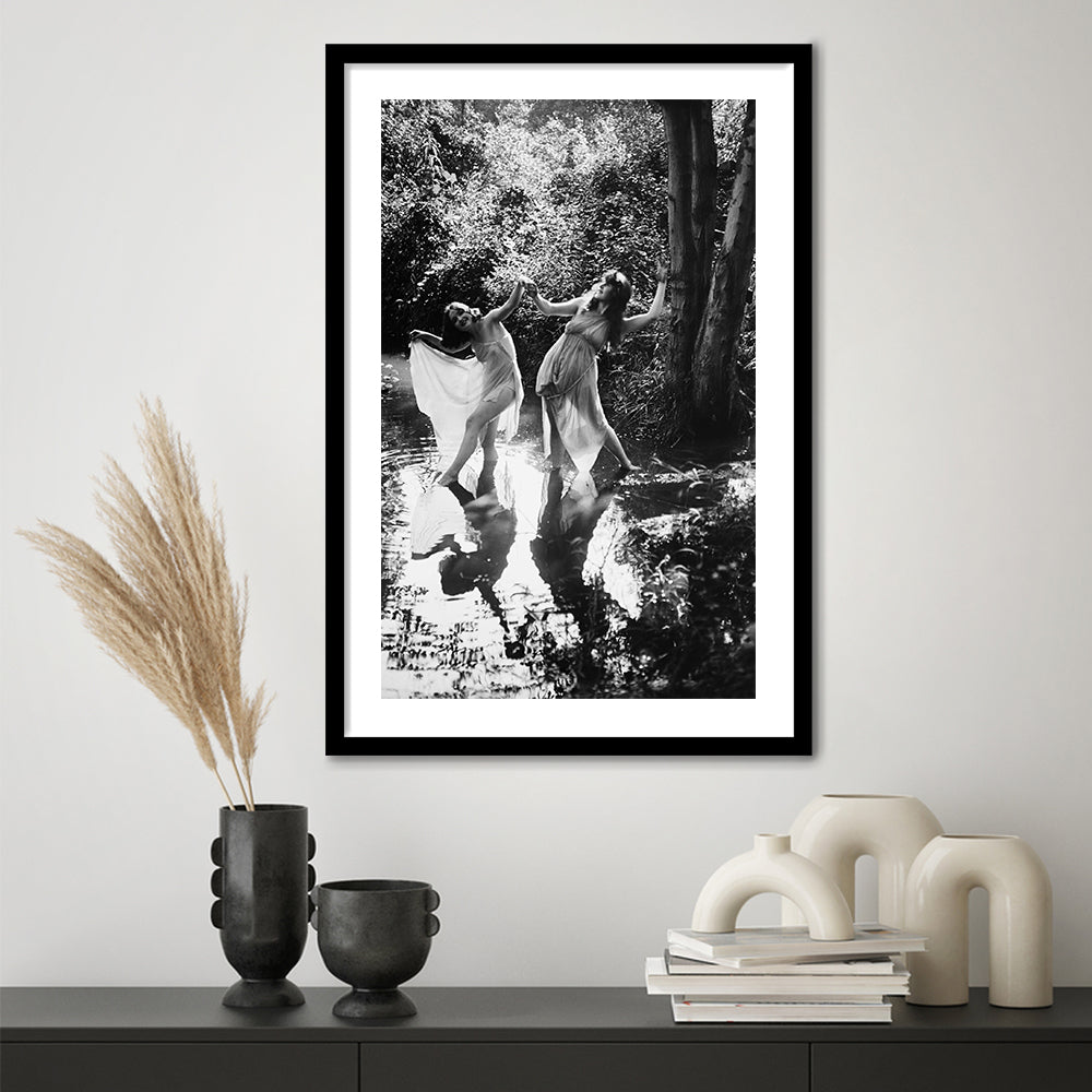 Beautiful Women Dancing in Forest Black and White Art Bedroom Wall Art, Framed Art Print White Border Wall Decor