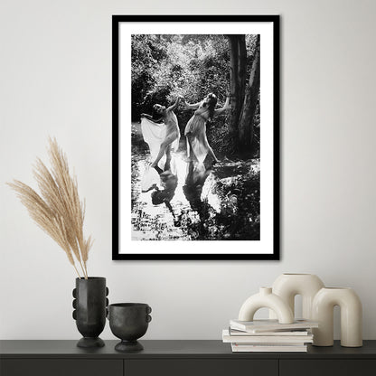 Beautiful Women Dancing in Forest Black and White Art Bedroom Wall Art, Framed Art Print White Border Wall Decor