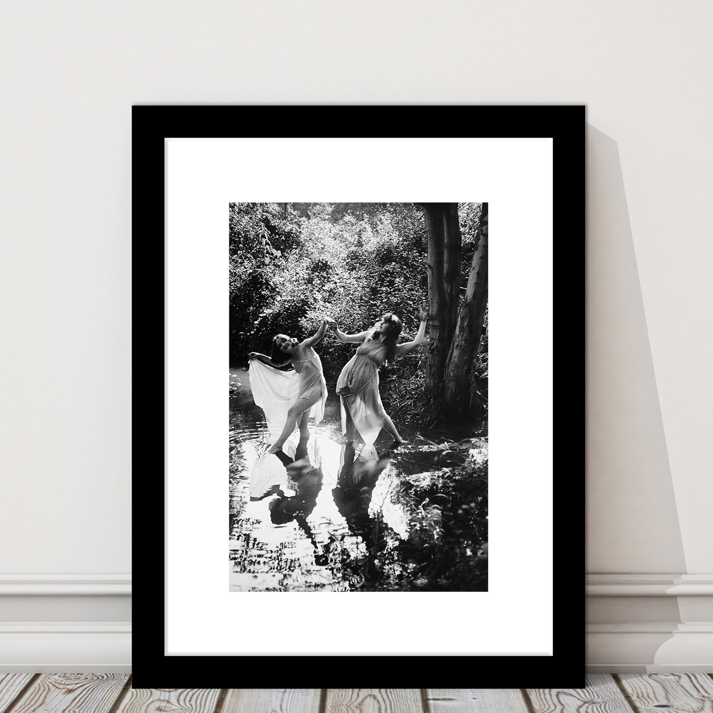 Beautiful Women Dancing in Forest Black and White Art Bedroom Wall Art, Framed Art Print White Border Wall Decor