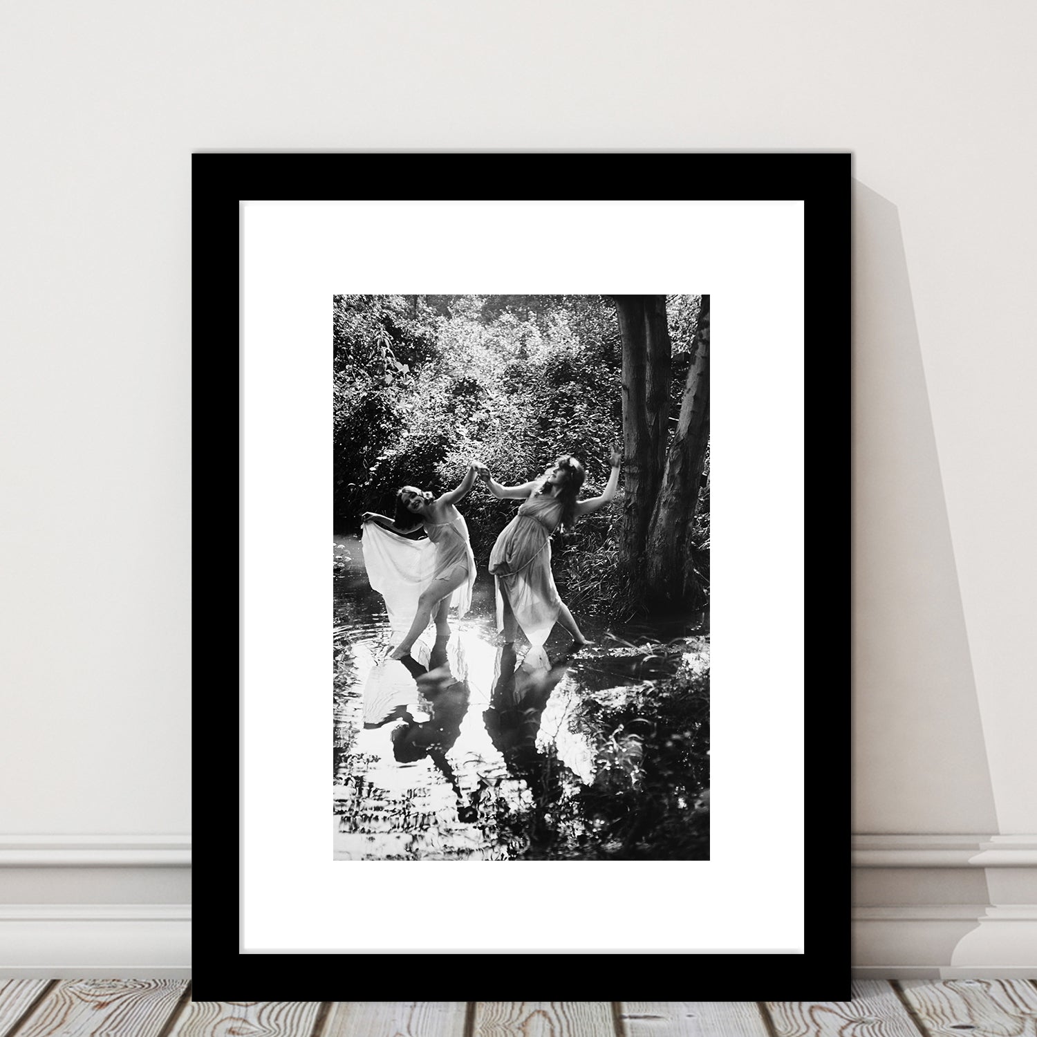 Beautiful Women Dancing in Forest Black and White Art Bedroom Wall Art, Framed Art Print White Border Wall Decor