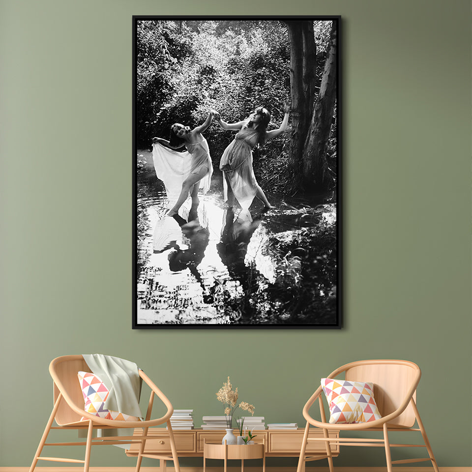 Beautiful Women Dancing in Forest Black and White Art Bedroom Wall Art, Floating Framed Canvas Print