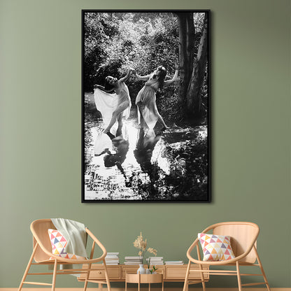 Beautiful Women Dancing in Forest Black and White Art Bedroom Wall Art, Floating Framed Canvas Print