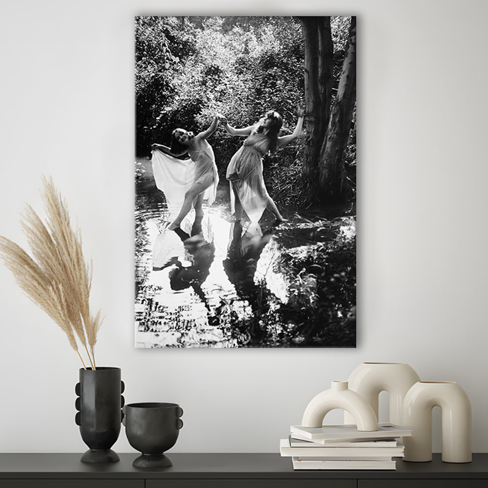 Beautiful Women Dancing in Forest Black and White Art Bedroom Wall Art, Canvas Print Wall Art