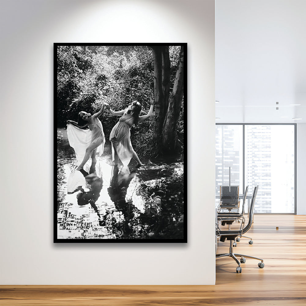 Beautiful Women Dancing in Forest Black and White Art Bedroom Wall Art, Framed Art Print Wall Decor