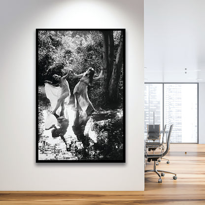 Beautiful Women Dancing in Forest Black and White Art Bedroom Wall Art, Framed Art Print Wall Decor
