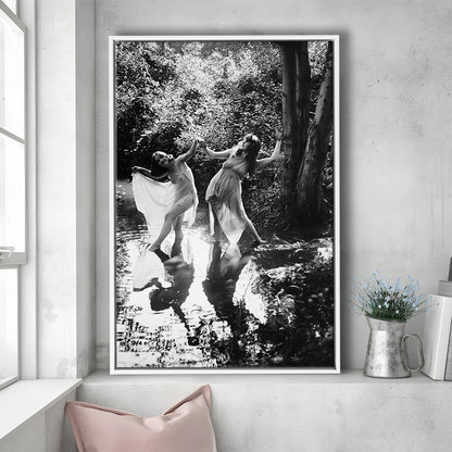 Beautiful Women Dancing in Forest Black and White Art Bedroom Wall Art, Floating Framed Canvas Print