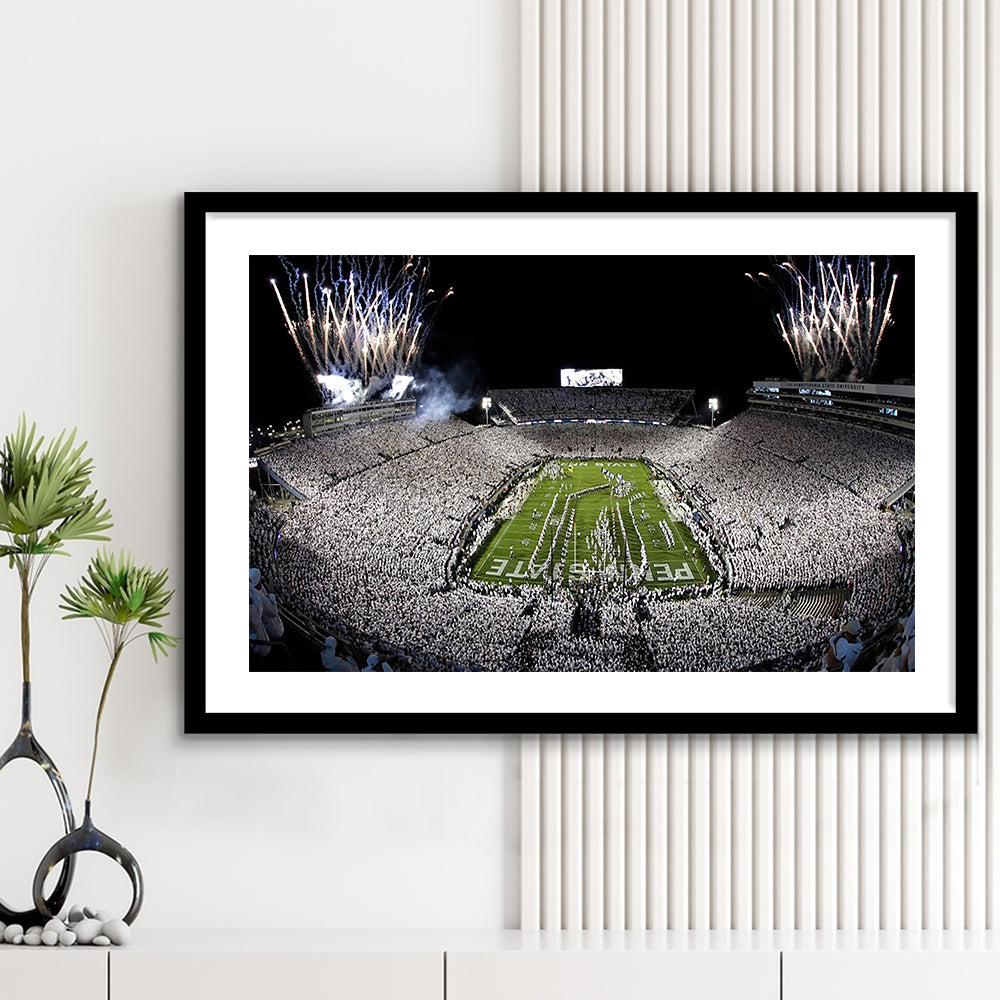 Beaver Stadium Fireworks, Stadium Canvas, Sport Art, Gift for him, White Border Framed Art Print Wall Decor