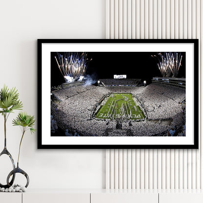 Beaver Stadium Fireworks, Stadium Canvas, Sport Art, Gift for him, White Border Framed Art Print Wall Decor