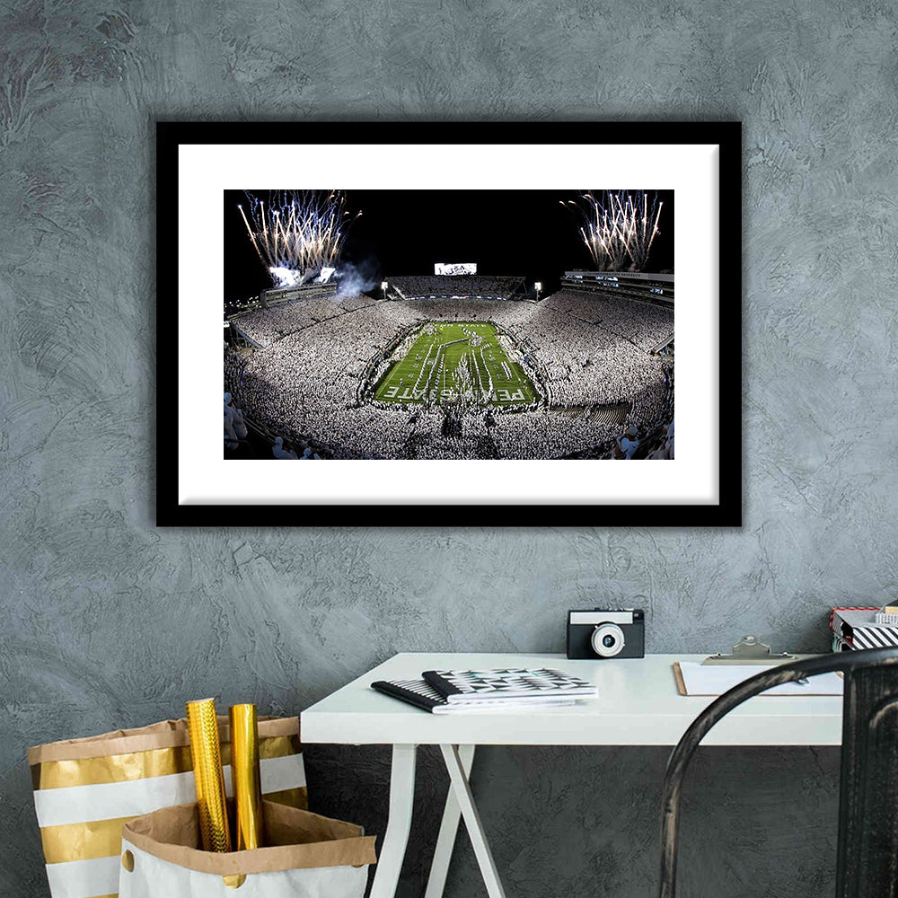 Beaver Stadium Fireworks, Stadium Canvas, Sport Art, Gift for him, White Border Framed Art Print Wall Decor