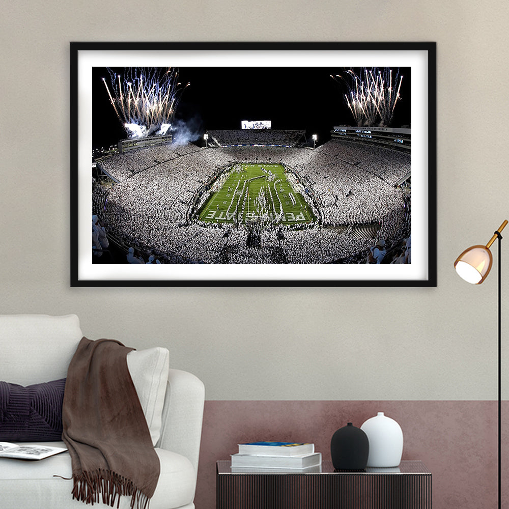 Beaver Stadium Fireworks, Stadium Canvas, Sport Art, Gift for him, White Border Framed Art Print Wall Decor