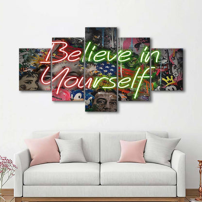 Believe In Yourself Art Print, 5 Panel Mixed Canvas Print Wall Art, Home Decor, Neon Canvas