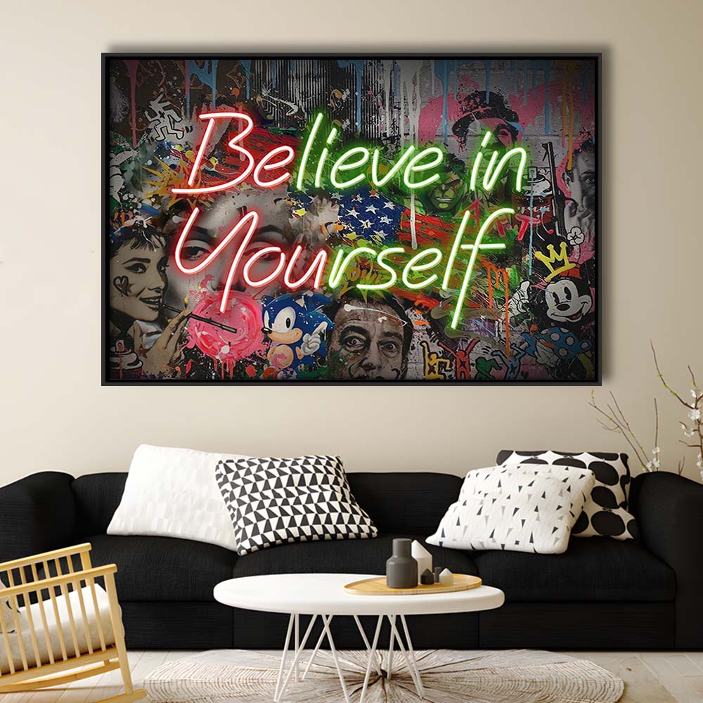 Believe In Yourself Art Print, Framed Canvas Print Wall Art Decor, Floating Frame, Neon Effect Art