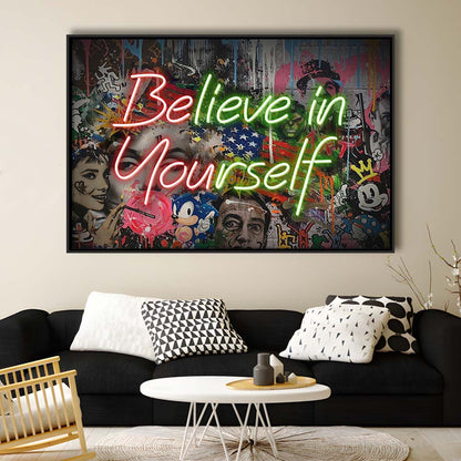 Believe In Yourself Art Print, Framed Canvas Print Wall Art Decor, Floating Frame, Neon Effect Art