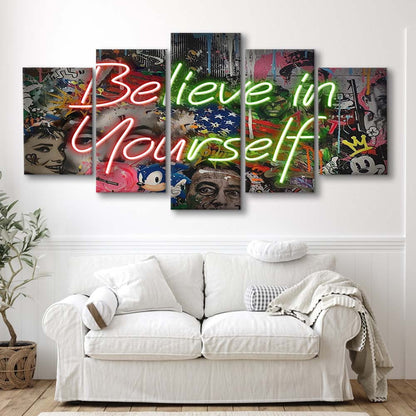 Believe In Yourself Art Print, 5 Panel Mixed Canvas Print Wall Art, Home Decor, Neon Canvas