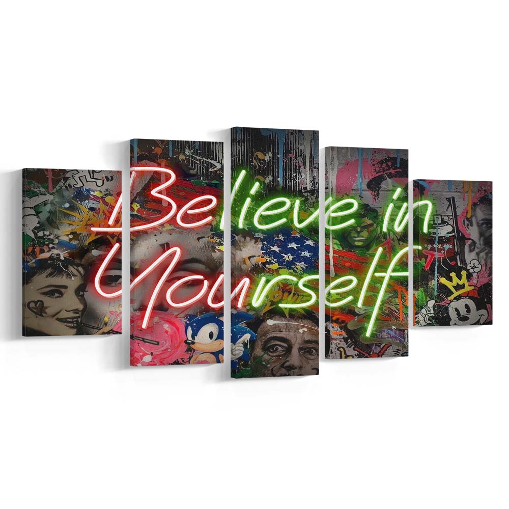 Believe In Yourself Art Print, 5 Panel Mixed Canvas Print Wall Art, Home Decor, Neon Canvas