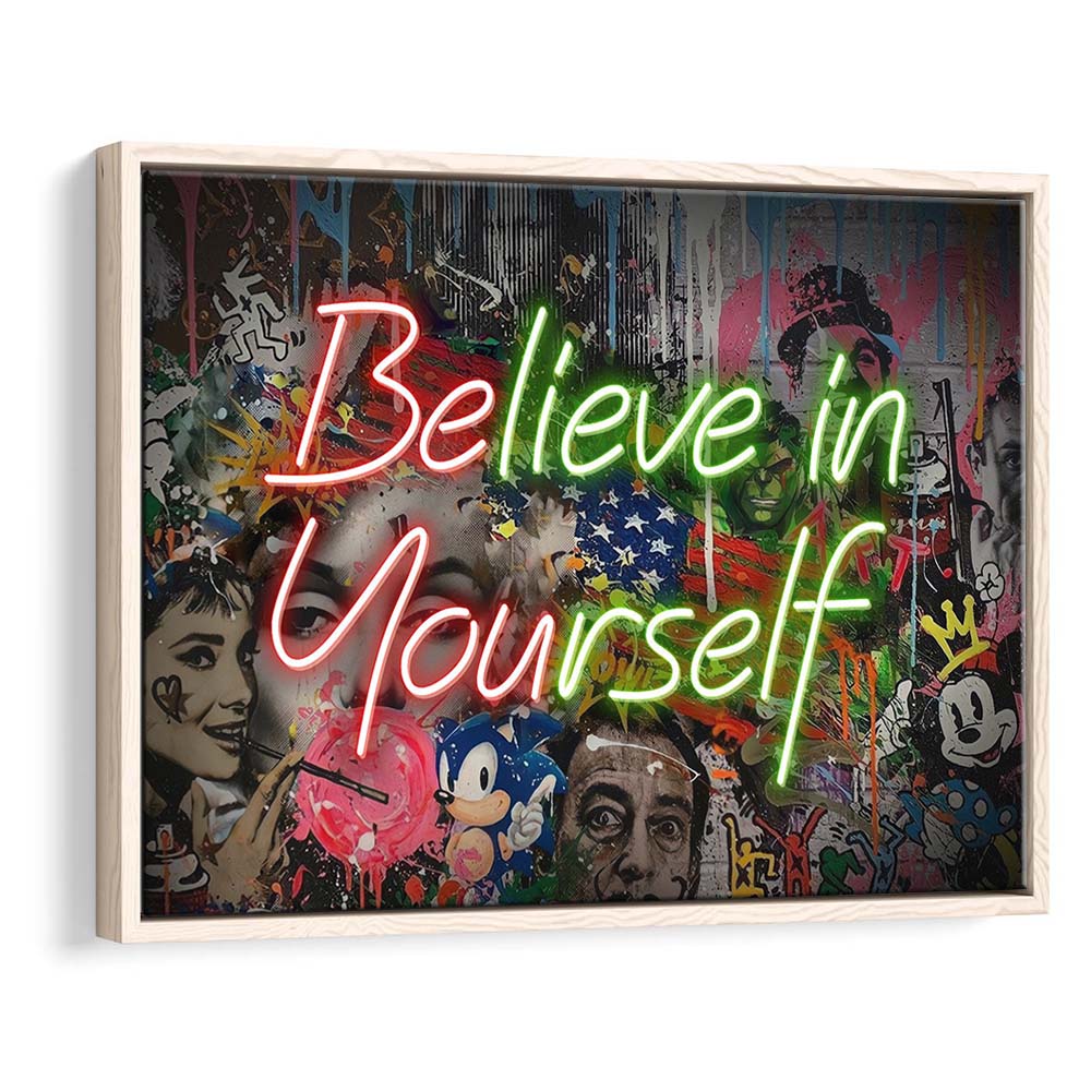 Believe In Yourself Art Print, Framed Canvas Print Wall Art Decor, Floating Frame, Neon Effect Art